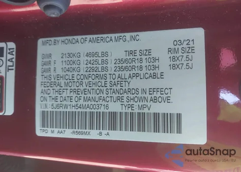 2021 Honda Cr-V 2Wd Ex z USA, uszkodzony, nr VIN 5J6RW1H54MA003716